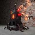 Steampunk Art Installation With Black Body Red Lights Glowing Core And Brick Wall Background
