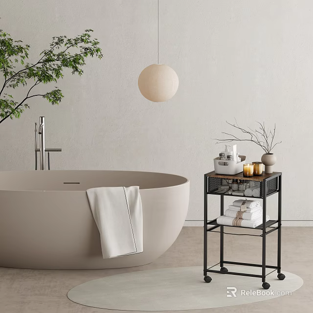 Modern Bathroom Set Design With Freestanding Bathtub Towel Metal Shelf And Pendant Light 3d model 