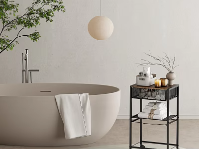 Modern Bathroom Set Design With Freestanding Bathtub Towel Metal Shelf And Pendant Light 3d model