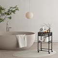 Modern Bathroom Set Design With Freestanding Bathtub Towel Metal Shelf And Pendant Light