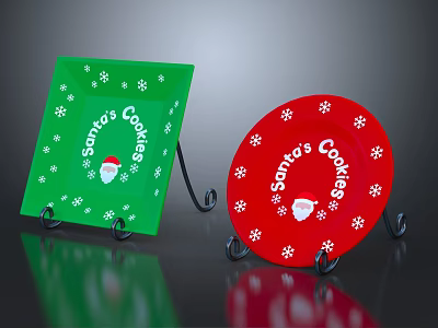 Christmas Plate Decoration With Green Red Plates Snowflake Patterns Santa's Cookies Text And Santa 3d model
