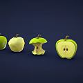 Green Apples Displaying Different Eating Stages from Whole to Core 3d model