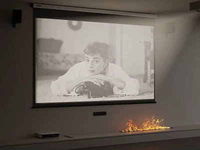 Home Theater Setup With Projection Screen Black And White Movie And Fireplace Flames 3d model