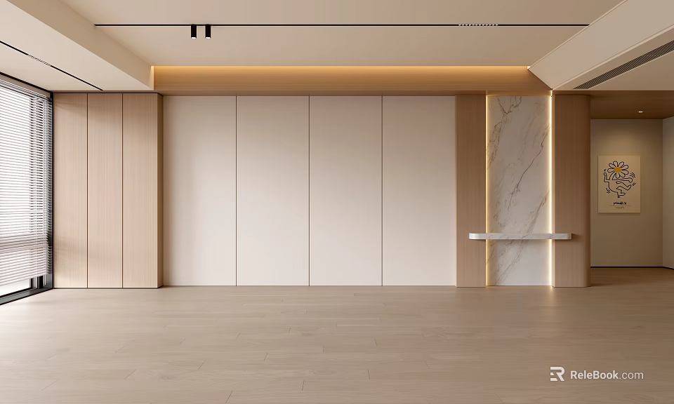 Modern Living Room Interior With Wooden Paneling And Marble Accent Wall 3d model 