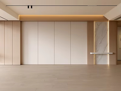 Modern Living Room Interior With Wooden Paneling And Marble Accent Wall 3d model
