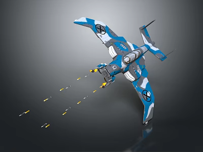 Blue And White Camouflage Fighter Jet Firing Ammunition Mid Air 3d model