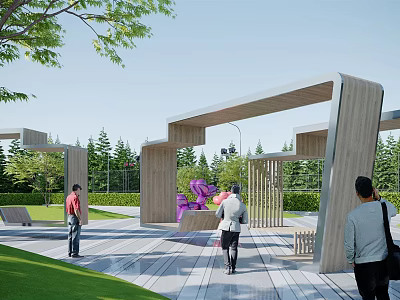 Modern Pergola Structure In Park With Trees Lawn Seating And Strolling People 3d model