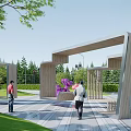 Modern Pergola Structure In Park With Trees Lawn Seating And Strolling People