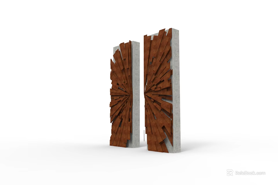 Modern Artistic Installation With Radial Cut Wood And Concrete Frames 3d model 