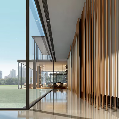 Modern Sales Office Interior Design With Glass Walls Wooden Slats And Natural Light 3d model