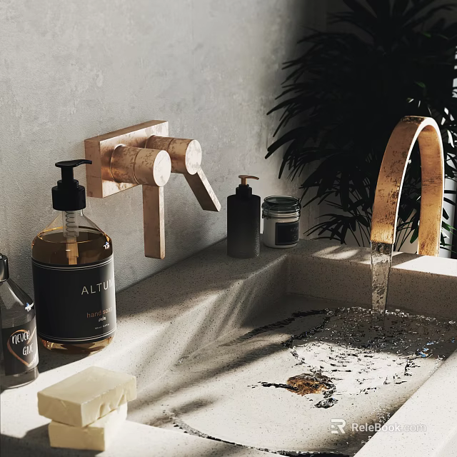 Modern Minimalist Washbasin with Wooden Faucet Stone Countertop Toiletries and Potted Plant 3d model 