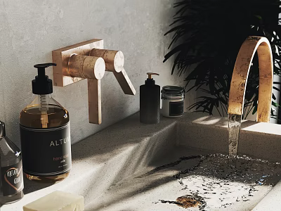 Modern Minimalist Washbasin with Wooden Faucet Stone Countertop Toiletries and Potted Plant 3d model