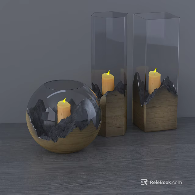 Decorative Candle Lamps With Glass Spherical And Square Wooden Base And Lit Yellow Candles 3d model 