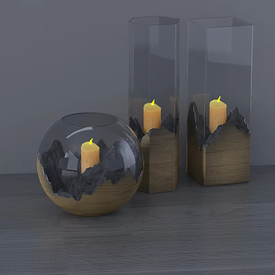Decorative Candle Lamps With Glass Spherical And Square Wooden Base And Lit Yellow Candles 3d model