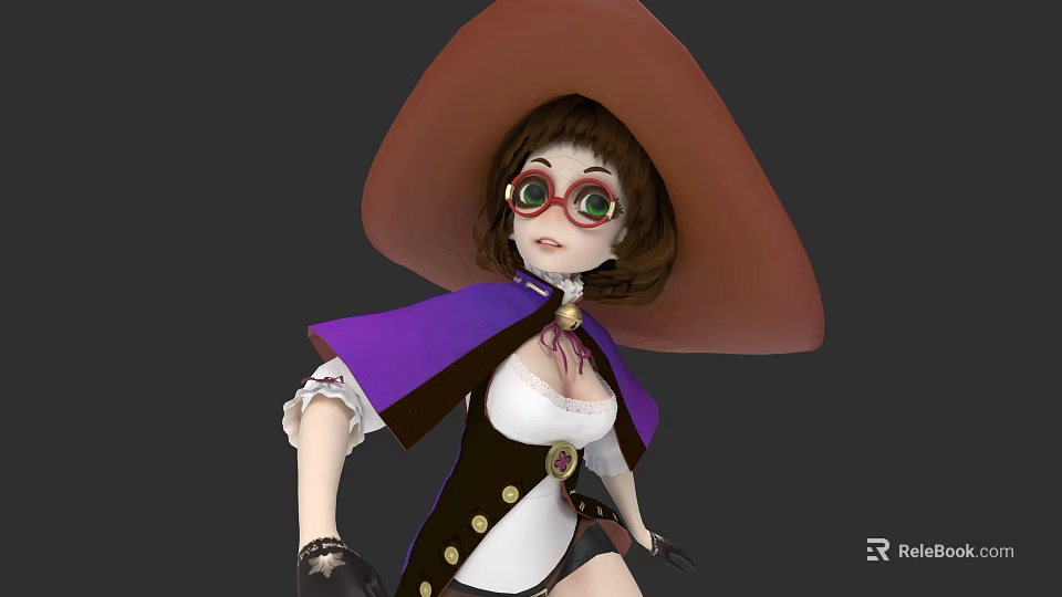 Woman In Large Brown Hat Purple Cape Round Glasses Black Vest And White Top 3d model 