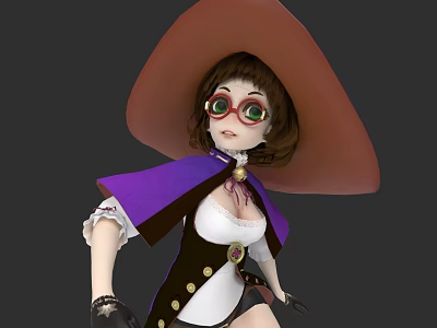 Woman In Large Brown Hat Purple Cape Round Glasses Black Vest And White Top 3d model