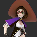 Woman In Large Brown Hat Purple Cape Round Glasses Black Vest And White Top