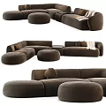Modern Beige And Dark Brown Sofa Set With Round Ottomans Pillows And Throw Blanket