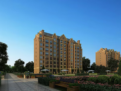 Brown Exterior Residential Building With Lush Greenery Garden Pathway Benches And Clear Blue Sky 3d model
