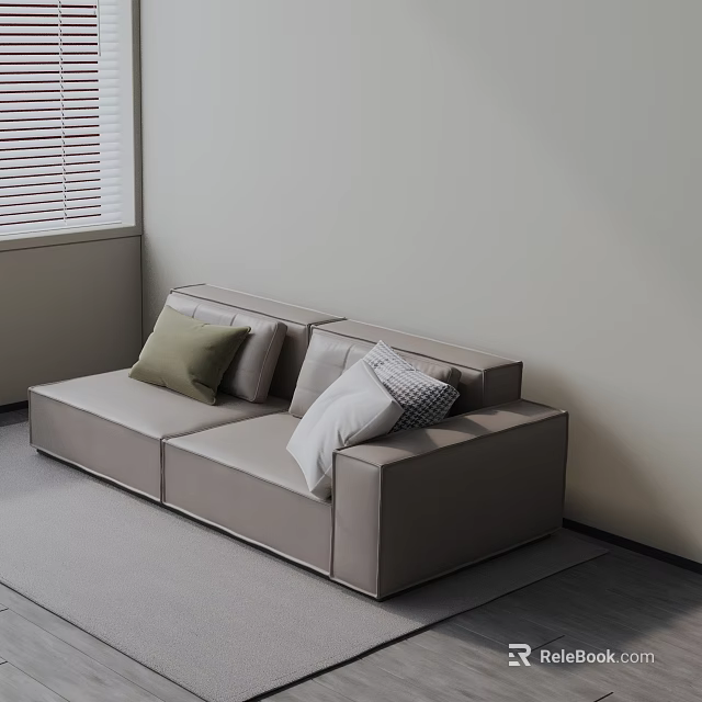 Modern Light Three Seater Sofa With Green Gray Checkered Pillows And Light Wall Window Blinds 3d model 