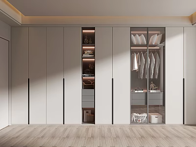 Modern Wardrobe Design With Glass Doors Wooden Frame And Hanging Storage Space 3d model