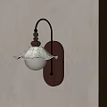 Classic Retro Wall Lamp With Wooden Base Curved Metal Arm And White Patterned Lampshade