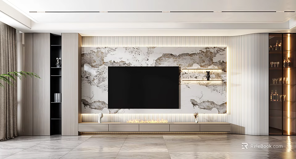 Modern Elegant Interior TV Wall Design With Marble Pattern Storage Cabinets And Lighting Strip 3d model