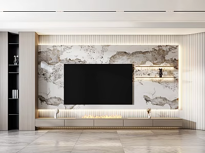 Modern Elegant Interior TV Wall Design With Marble Pattern Storage Cabinets And Lighting Strip 3d model
