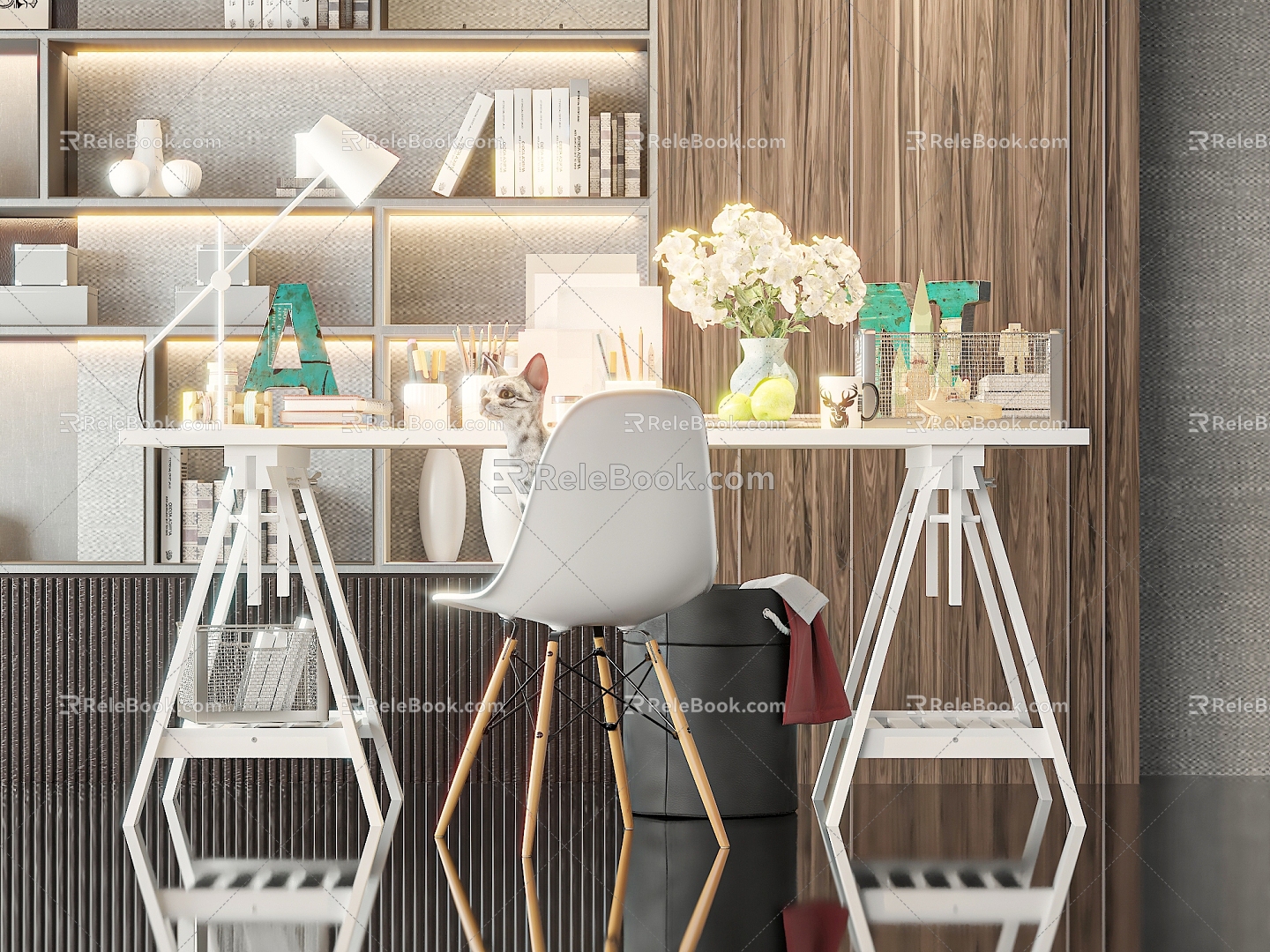 Study Desk Chair Bookcase 3d model