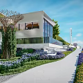 Modern Sales Office Building With Mountain View Blue Sky And Landscaped Pool Area