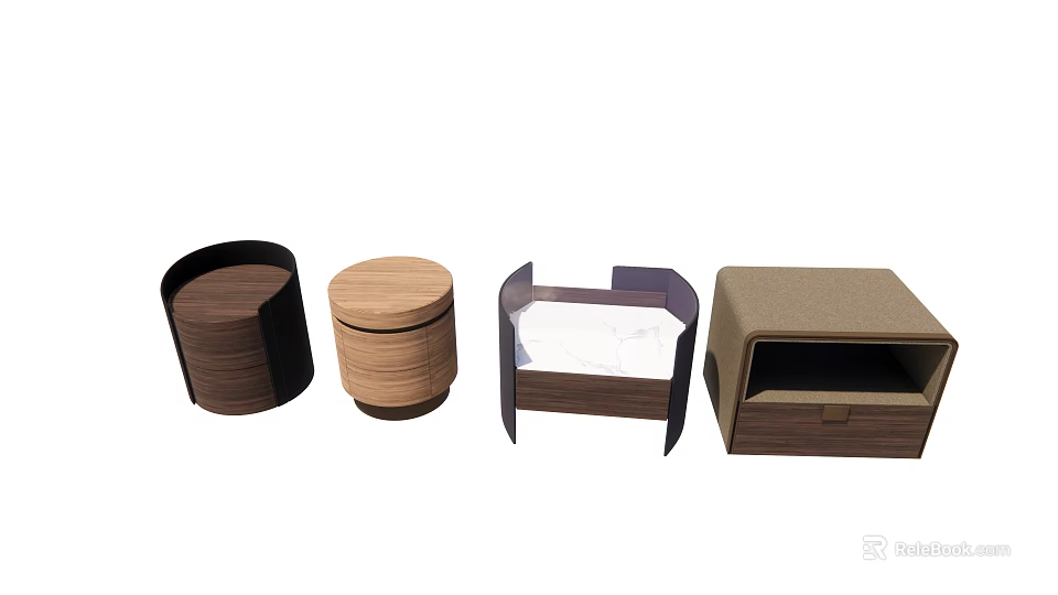 Modern Wooden Bedside Tables With Round Square Shapes Drawer And Shelf Designs 3d model 