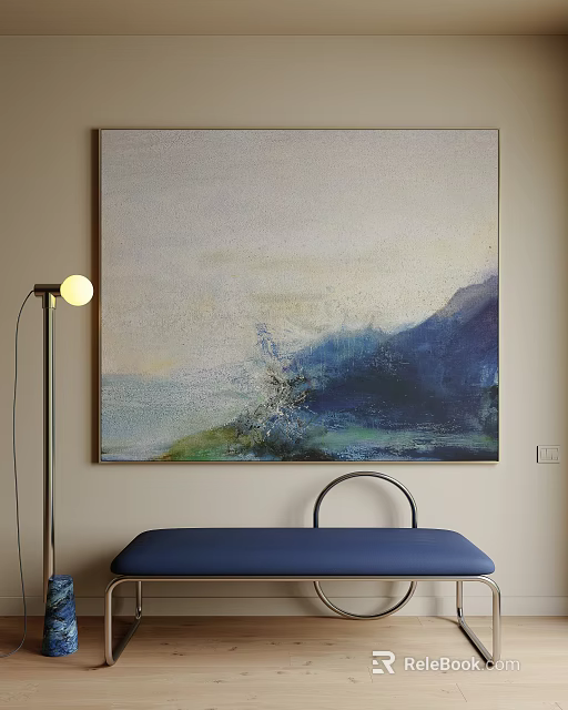 Abstract Painting With Blue Green Tones And Soft Colors Near Floor Lamp And Blue Furniture 3d model 