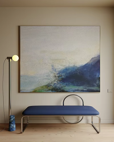 Abstract Painting With Blue Green Tones And Soft Colors Near Floor Lamp And Blue Furniture 3d model
