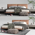Modern Double Bed Interior With Leather Headboard Gray Blanket Pillows Nightstands Ottoman And Plant
