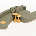 Curved Gray Irregular-Shaped Sofa with Soft Cushions and Wooden Round Side Tables