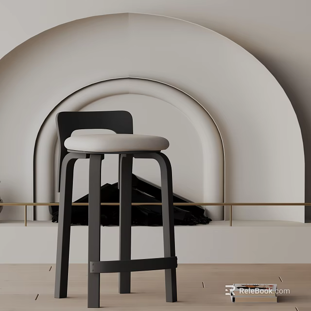 Modern Bar Stool With Black Metal Frame And White Cushion In Arched White Wall Interior 3d model 