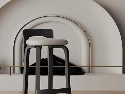 Modern Bar Stool With Black Metal Frame And White Cushion In Arched White Wall Interior 3d model