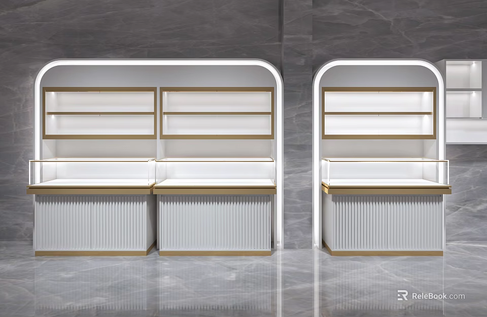 Modern White Display Shelves With Gold Trim Layered Storage And LED Lighting Design 3d model 