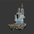 Fairy Tale Castle Model With Multiple Spires And Colorful Tower Design On Rock Base