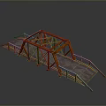 3D Model of Truss Bridge With Orange Steel Frame Gray Deck and Side Railings