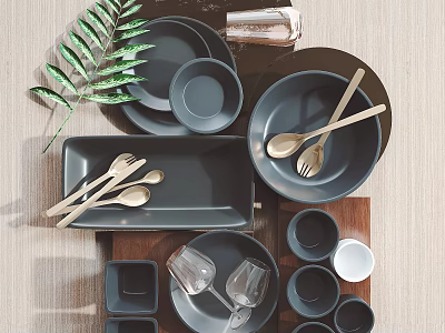 Minimalist Gray Dinnerware Set With Ceramic Plates Bowls Tray Wooden Spoons And Glassware 3d model