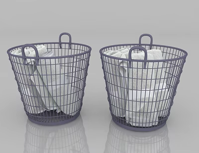 Gray Wire Laundry Baskets With White Towels For Daily Washing Storage 3d model