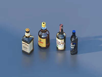 Assorted Liquor Bottles with Different Labels Displayed on Blue Background 3d model