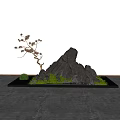 Garden Courtyard With Large Rock Formation Decorative Tree Green Mossy Grass And Small Stones