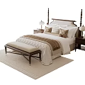 Cozy Double Bed with Tall Post Headboard White Brown Bedding Nightstands Table Lamps and Bench