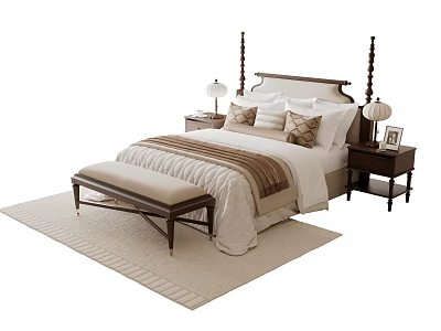 Cozy Double Bed with Tall Post Headboard White Brown Bedding Nightstands Table Lamps and Bench 3d model