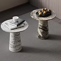 Two Modern Marble Side Tables With Cylindrical Base Round Top And Decorative Items 3d model