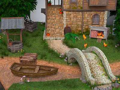 Charming Cartoon Scene With Stone House Well Wooden Boat Stone Bridge And Little Chicks 3d model