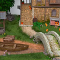 Charming Cartoon Scene With Stone House Well Wooden Boat Stone Bridge And Little Chicks