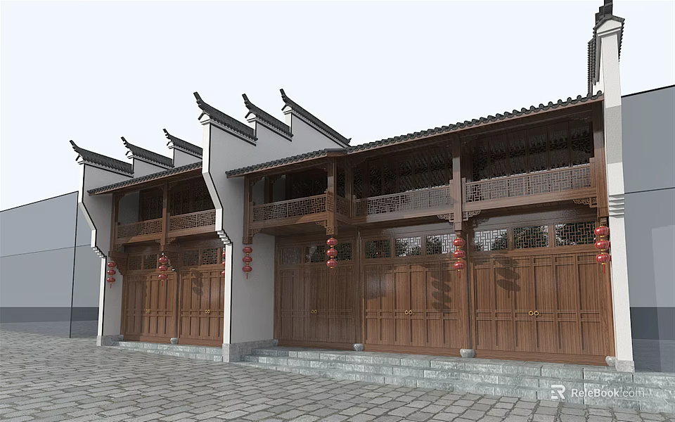 Ancient Chinese Architecture With Traditional Wooden Structure Carved Windows Overhanging Eaves And Red Lanterns 3d model 